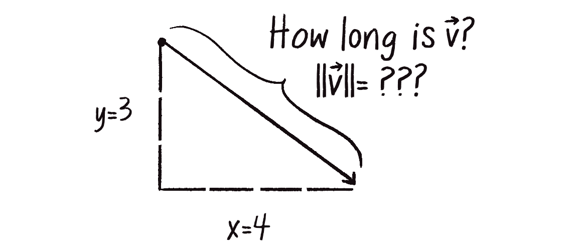 Figure 1.10: The length or “magnitude” of a vector \vec{v} is often written as: \lVert\vec{v}\rVert