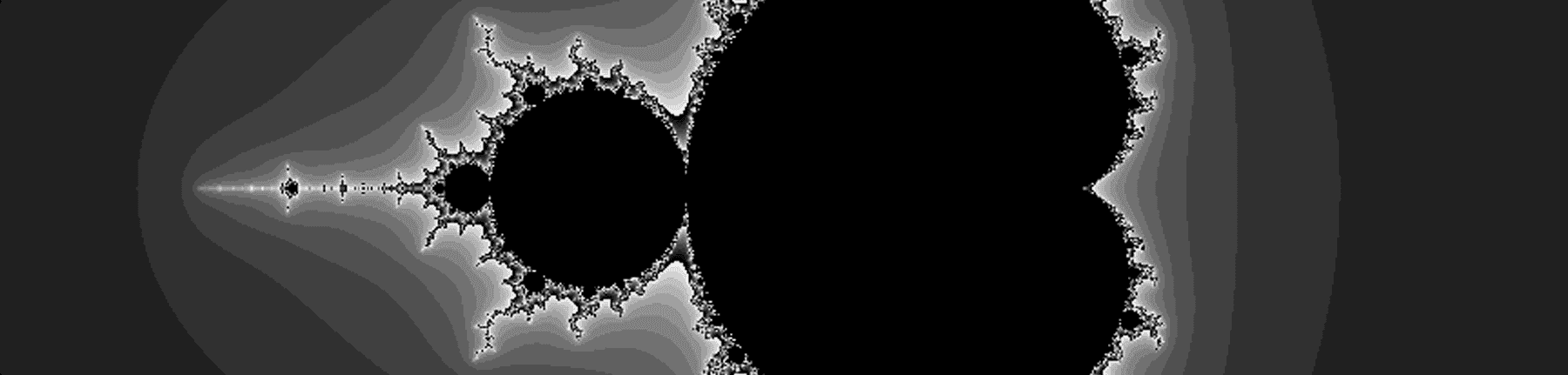 Figure 8.2: One of the most well-known and recognizable fractal patterns is named for Benoit Mandelbrot himself. Generating the Mandelbrot set involves testing the properties of complex numbers after they are passed through an iterative function. Do they tend to infinity? Do they stay bounded? While a fascinating mathematical discussion, this “escape-time” algorithm is a less practical method for generating fractals than the recursive techniques we’ll examine in this chapter. However, an example for generating the Mandelbrot set is included in the code examples. 
